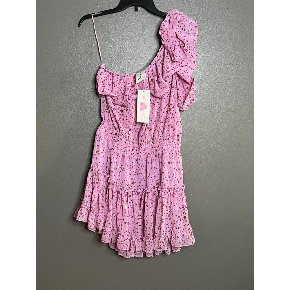 Buddy Love Sofia Zodiac One-Shoulder Ruffled Dress L Pink & Gold Stars‎